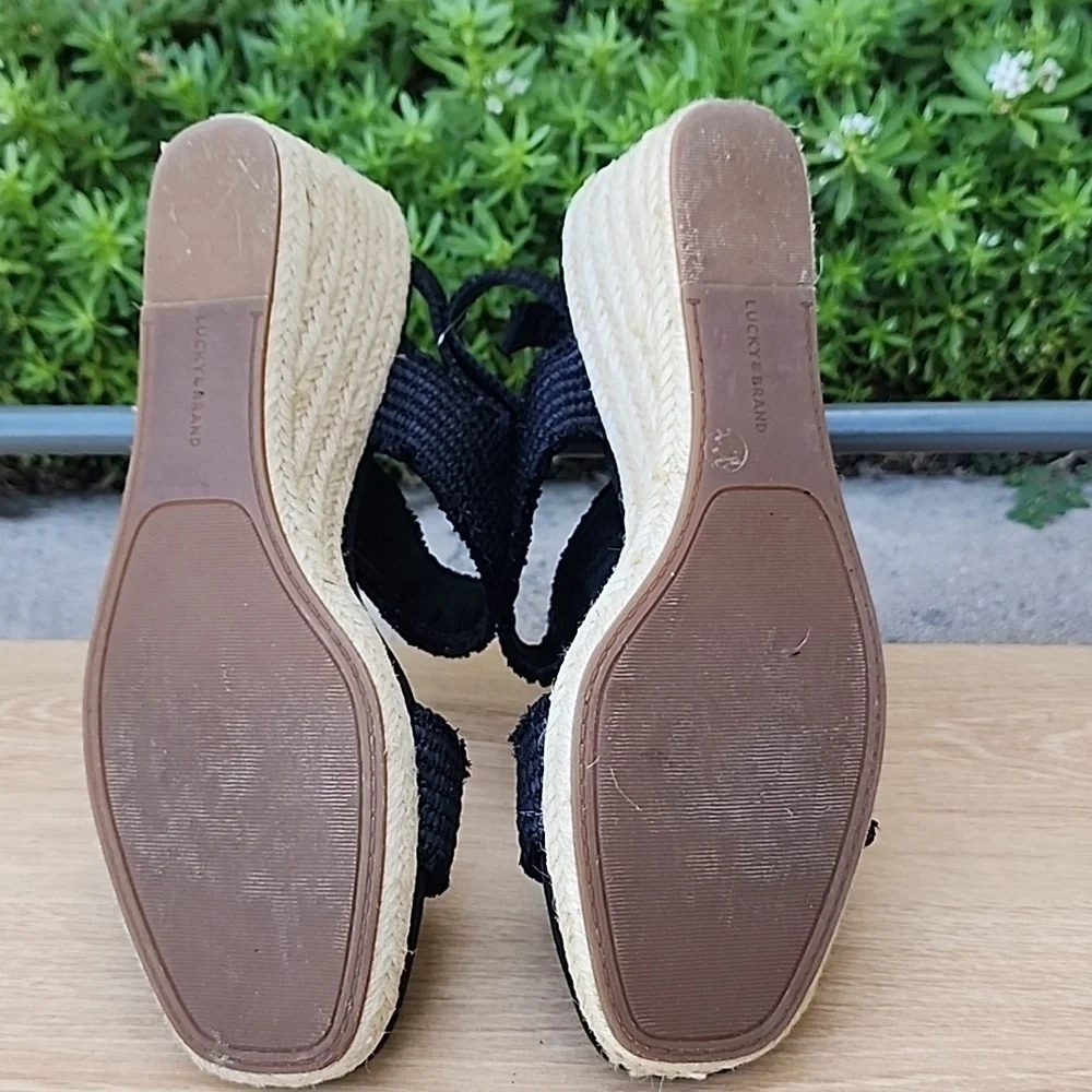 Lucky Brand Minjah Espadrille Jute-Wrapped Wedge Sandal Latte Black Platforms 11